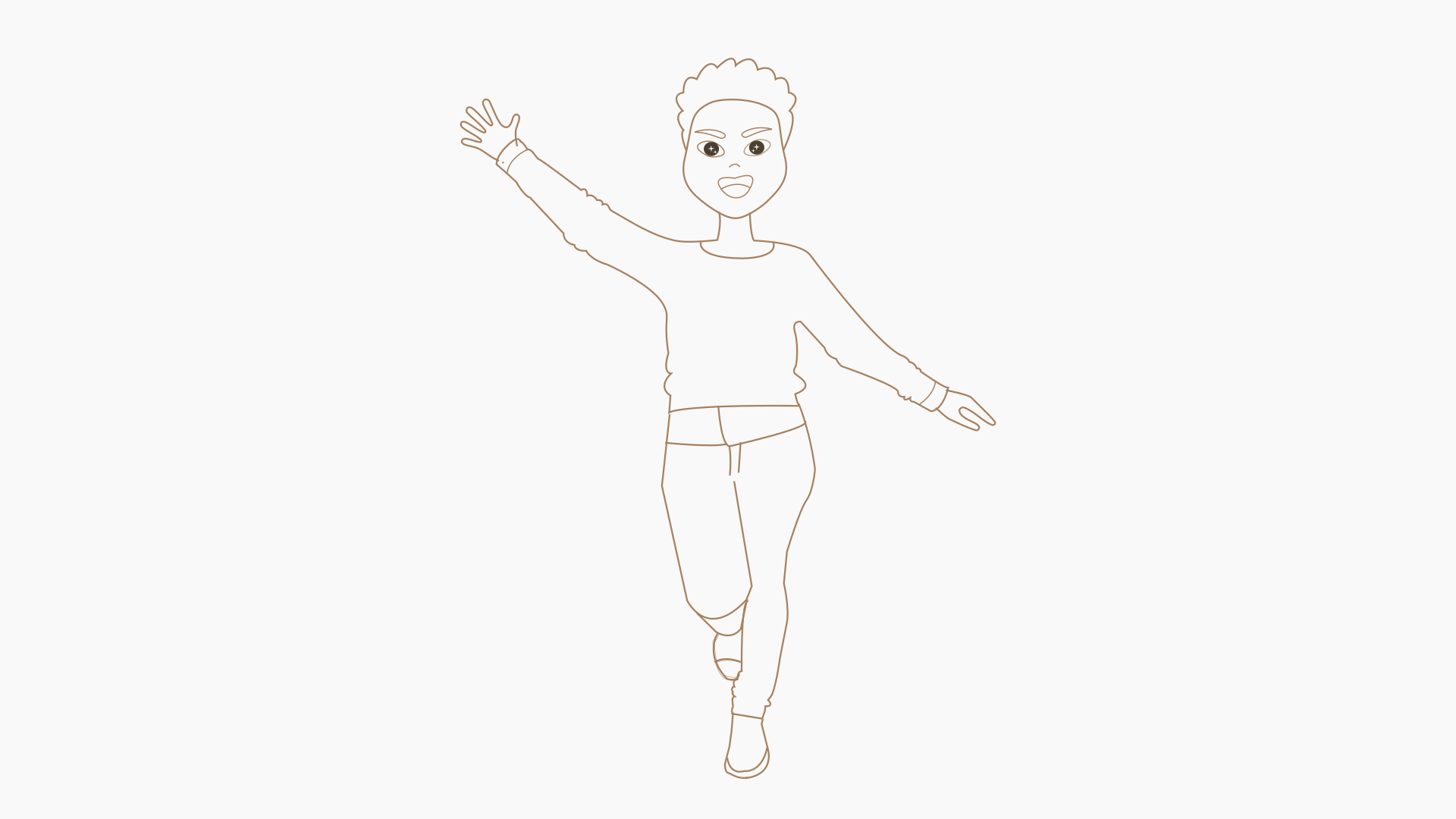 Personaje tipo emoji cuerpo completo, contorno marrón claro, pelo rizado, jersey y pantalón. Pose alegre, brazos abiertos y sonrisa. Texto: "Mili v2 👇"