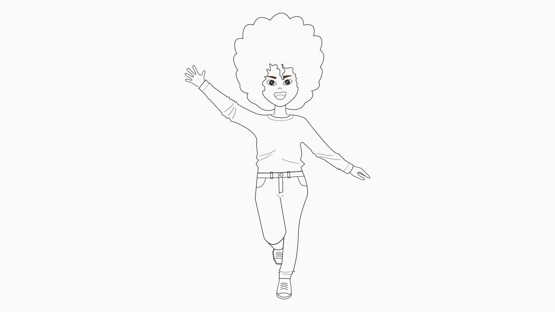 Dibujo lineal de Mili (estilo anime) con pelo afro, saltando alegre V3.