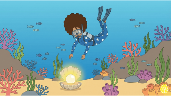 Mili, buceadora de pelo afro y traje estelar, nada bajo el mar y alcanza una ostra abierta con una perla dorada brillante, rodeada de corales de colores y peces. El algoritmo en acción.